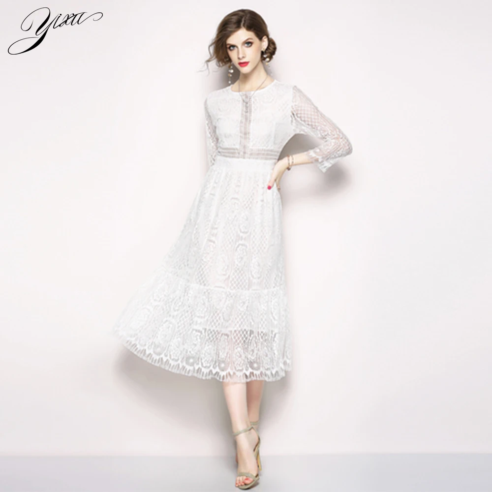 Весеннее новое женское белое кружевное платье с круглым вырезом женские