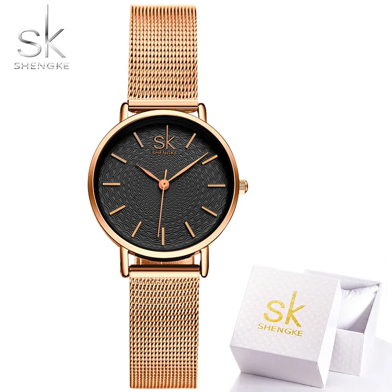 Топ люксовый бренд SK Shengke супер тонкие серебряные сетчатые женские часы из нержавеющей стали повседневные женские наручные часы женские Relogio Feminino - Цвет: gold with box