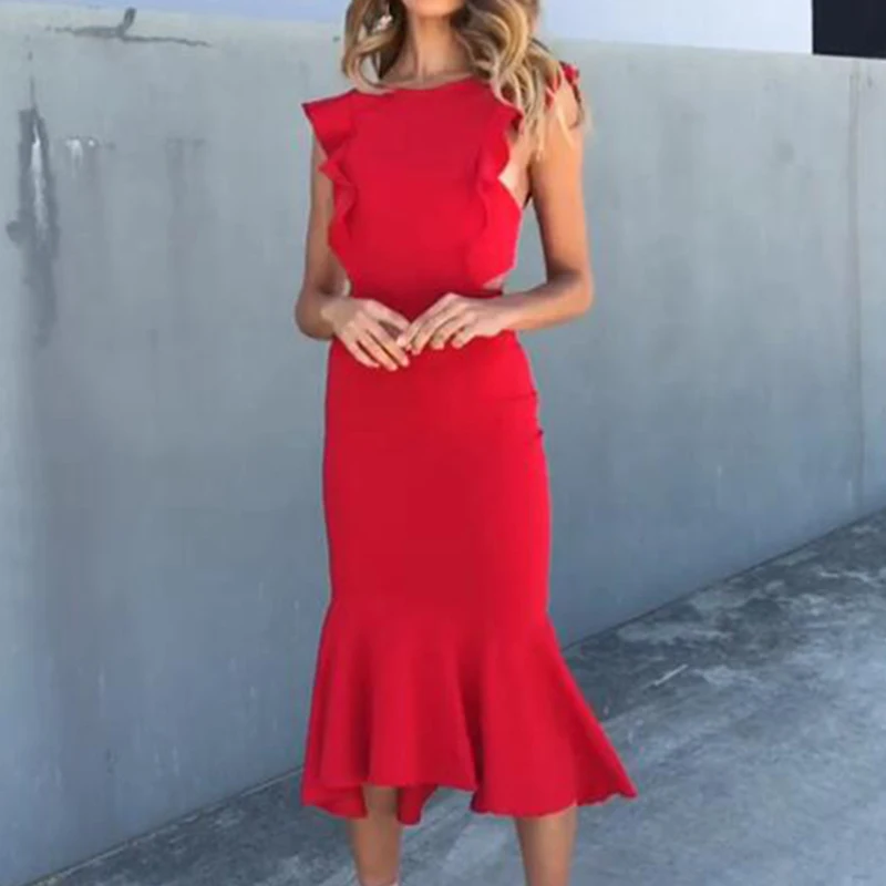 Sexy Women's Strappy Backless Dresses Female Sleeveless Ruffles Dress Fashion Vestidos Frill Hem Mid-Calf Long Mermaid Dress