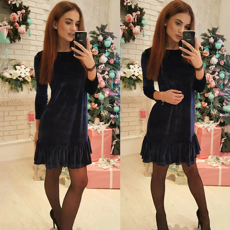 2018 женское Новое с круглым вырезом однотонное свободное платье осень зима мода