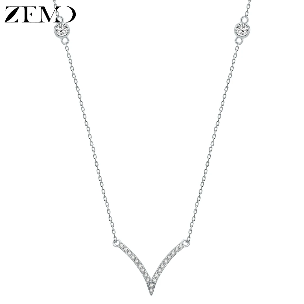 

ZEMO Real 925 Sterling Silver Necklace V Letter Pendant Necklace for Women Bling Crystal Statement Necklace Choker Female Gift