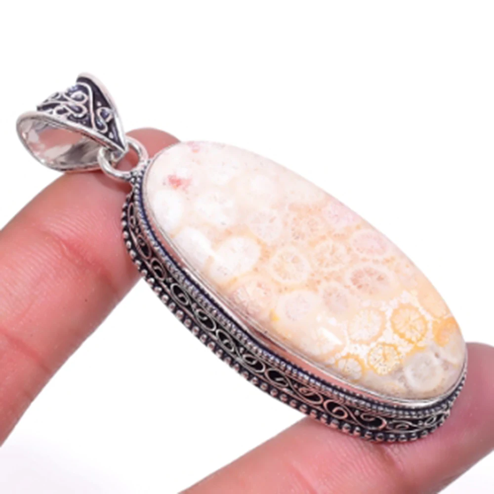 

Fosil Coral Pendant Silver Overlay over Copper , 61.5 mm, P6683