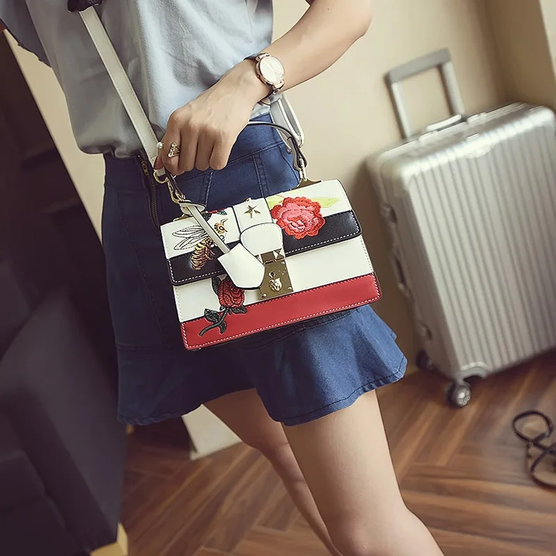 Free shipping 2016 New Women Lady font b Handbags b font PU Leather Honeybee Flowers Embroidery