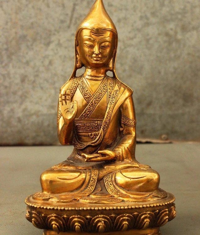 

8" Old Tibet Tibetan Buddhism Bronze Gild Seat Lotus Tsongkhapa Buddha Statue