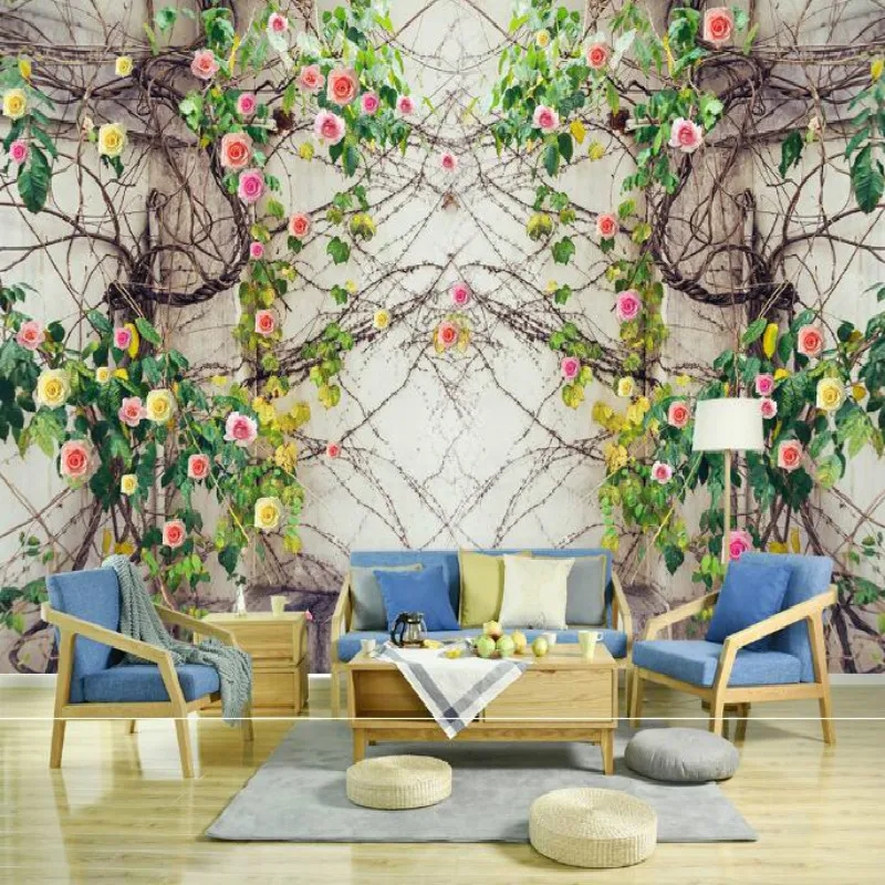 Rosewood vines pastoral large scale murals wallpaper living room