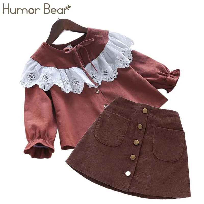 Humor Bear/ г. Новая одежда для девочек кружевной дизайн с длинными рукавами для девочек+ юбка, комплект одежды для детей, Осенние комплекты одежды для детей - Цвет: Коричневый