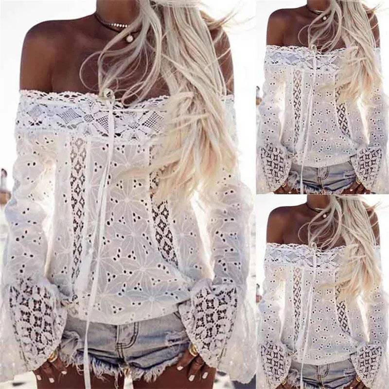 

Women Blouse Casual Women Lace Tops Slash neck Tops Off Shoulder Long Sleeve Lace Loose Blouse Sexy Ladies Blouse 2018
