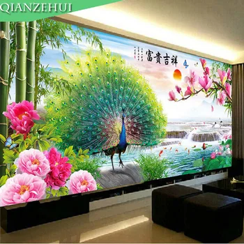 

QIANZEHUI,Diamond Embroidery,Round Diamond Peacock landscape Full rhinestone Diamond painting 5D cross stitch,needlework