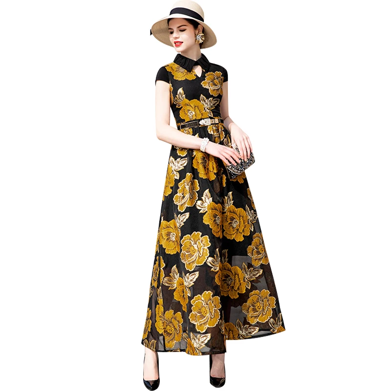 

Spring Summer Trench Dress Yellow Jacquard Party Long Dress 2019 Designer Women Slim Waist Maxi Runway Dress DZ2100
