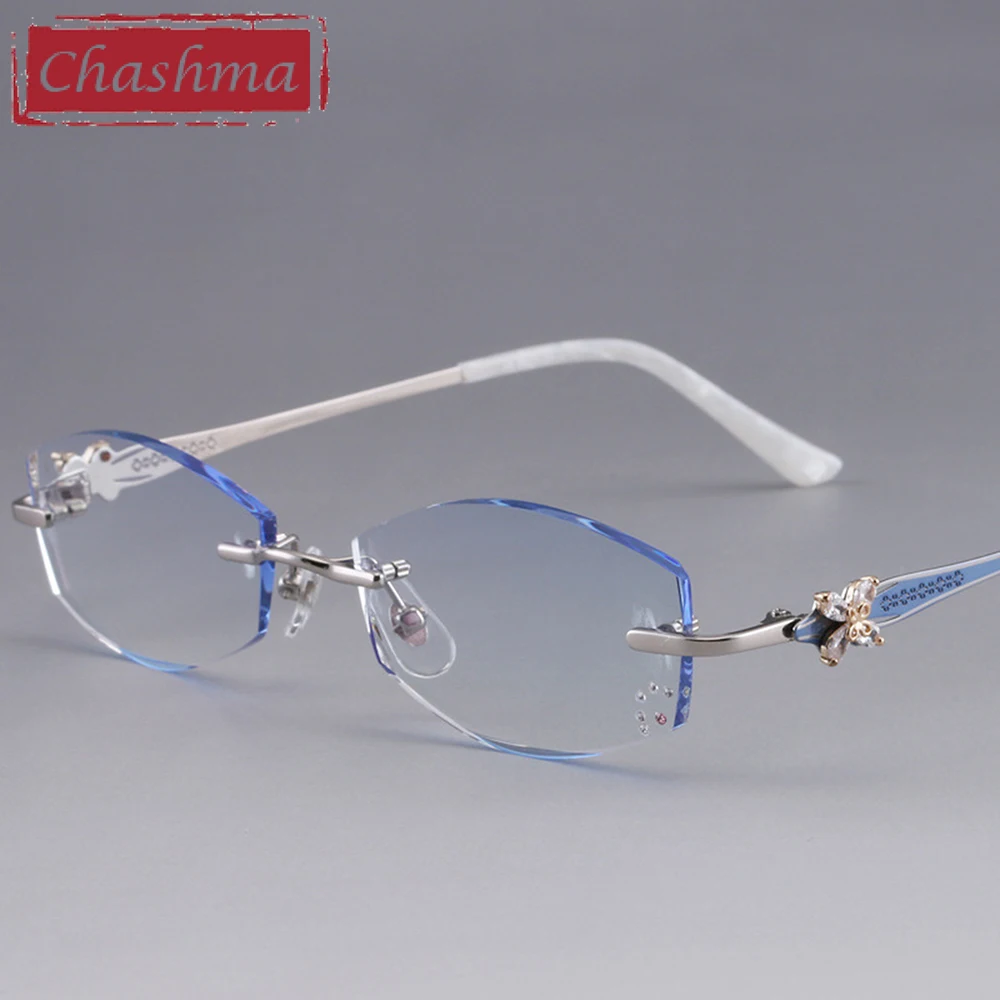 

Chashma Brand Diamond Rhinestone Lenses Colored Prescription Eye Lenses Fashion Women Titanium Frame Eyeglasses Tint Blue Lens