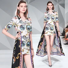 Роскошные печатные поддельные длинные платья из двух частей осеннее подиумное женское платье с коротким рукавом и высокой талией с v-образным вырезом Несимметричное платье-рубашка