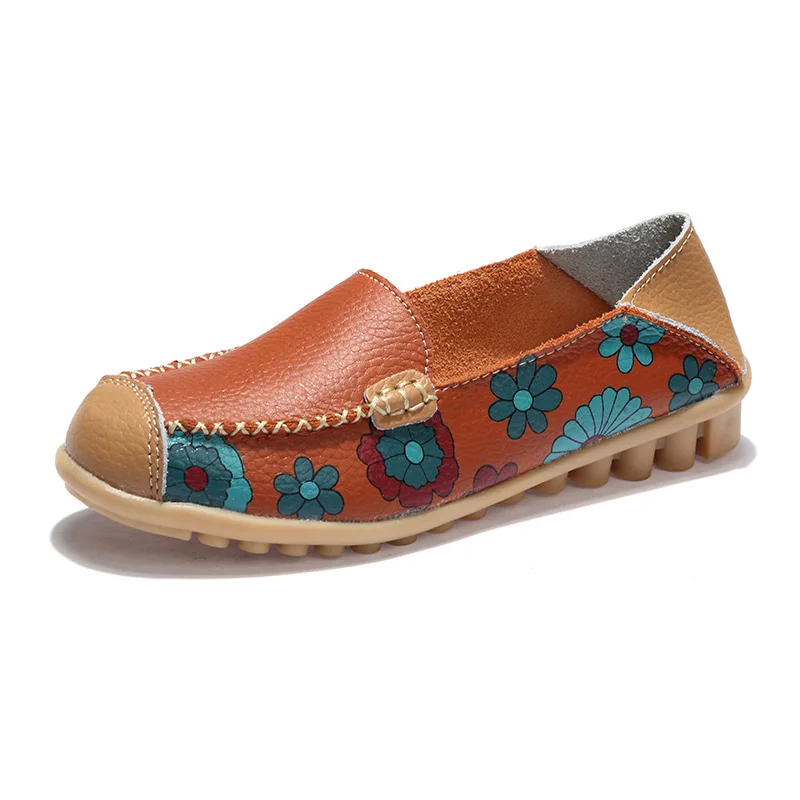

2019 New Ballet Flats Summer Flower Print Women Genuine Leather Shoes Woman Flat Flexible Nurse Shoes Women Loafers Ladies Shoes