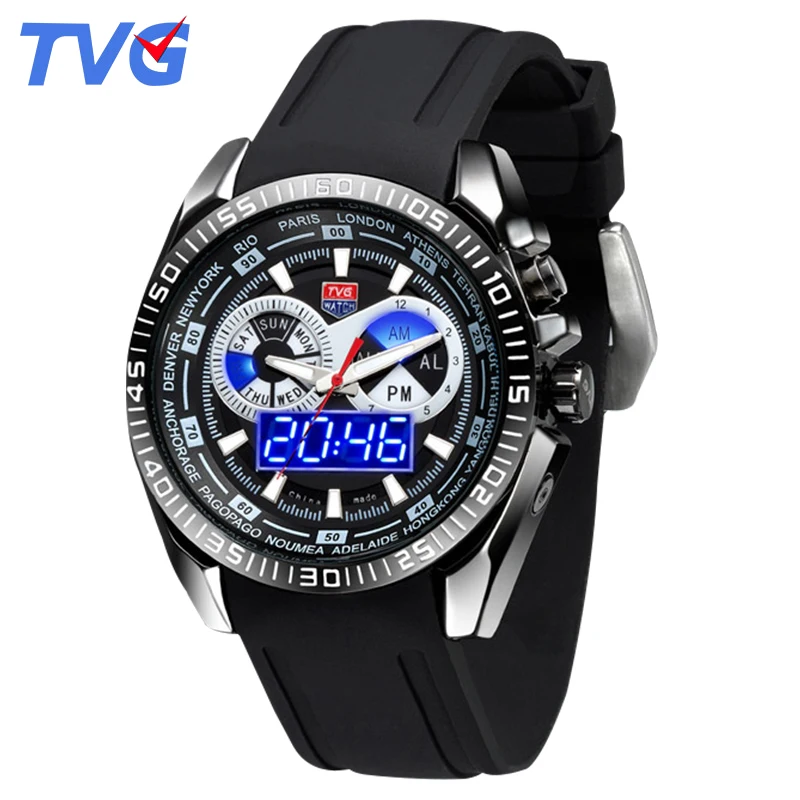 

TVG Luxury Brand Sport Watches Digital Watch Man Dual Display Japan Quartz Watch Silicone strap Date Day Week Military Clock