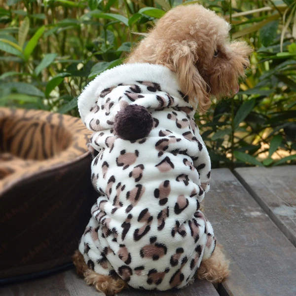 Мягкий костюм для собак, щенков, кошек из мягкого флиса с леопардовым принтом, комбинезон, одежда с капюшоном, Комбинезоны