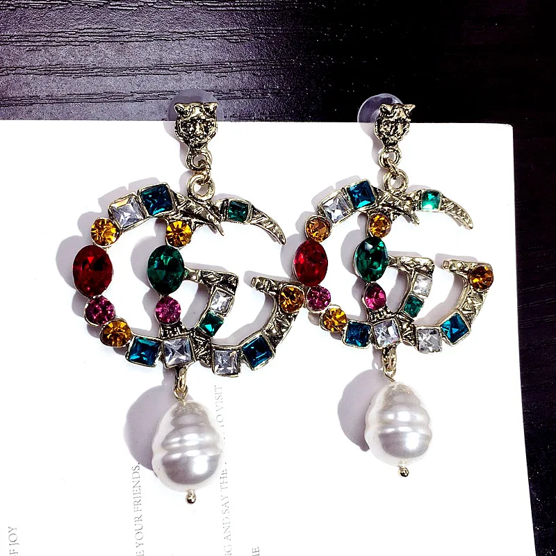 

Colored Rhinestone Letter Pearl Earrings Big Drop Earrings Statement Dangle Earrings Luxury Brand Jewelry for Women