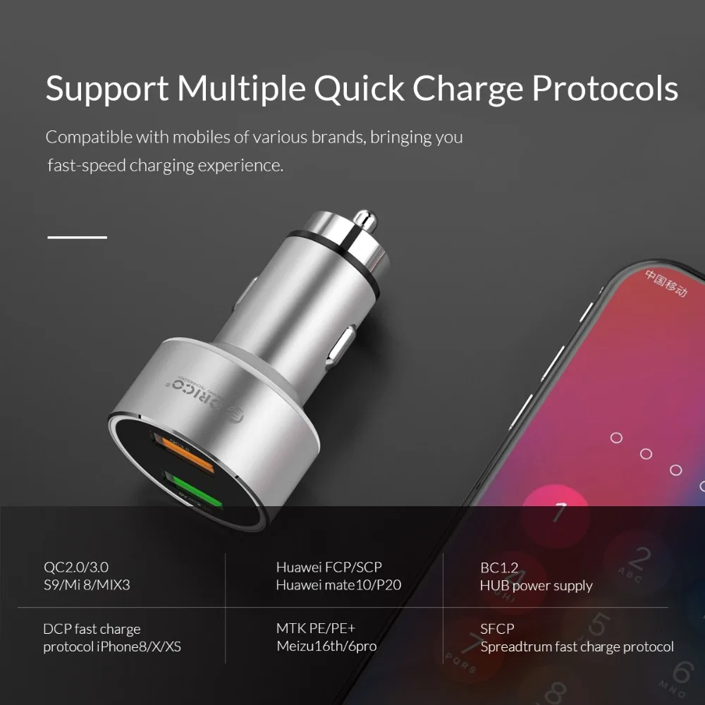 Автомобильное зарядное устройство ORICO QC3.0 30 Вт Max Dual USB для автомобильного