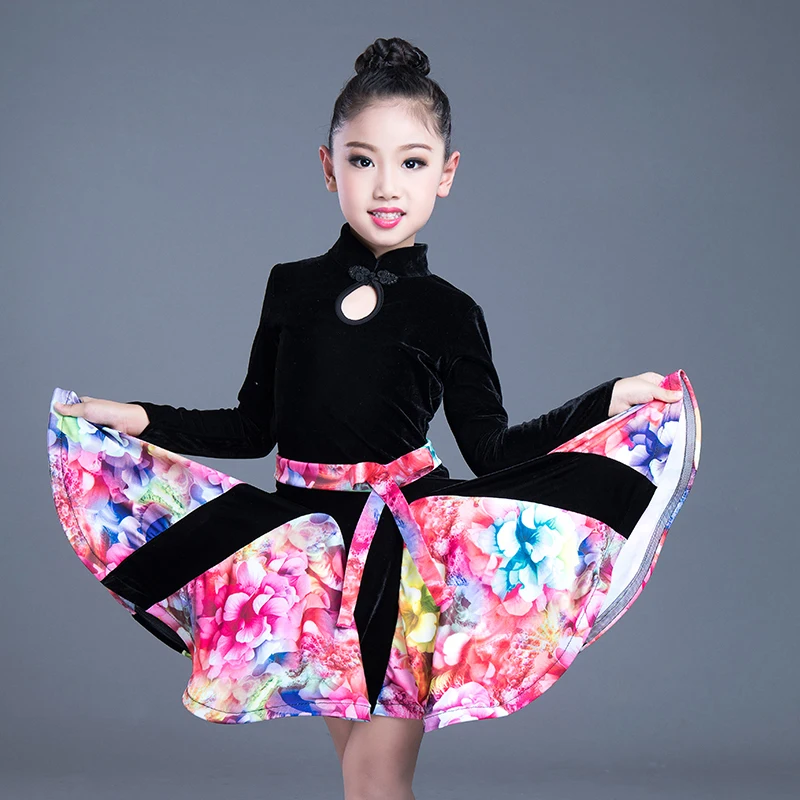 Colorful Children'S Latin Dance Dress Girls Velvet Long-Sleeved Performance Clothing Competition Salsa Dancing DL3190 | Тематическая