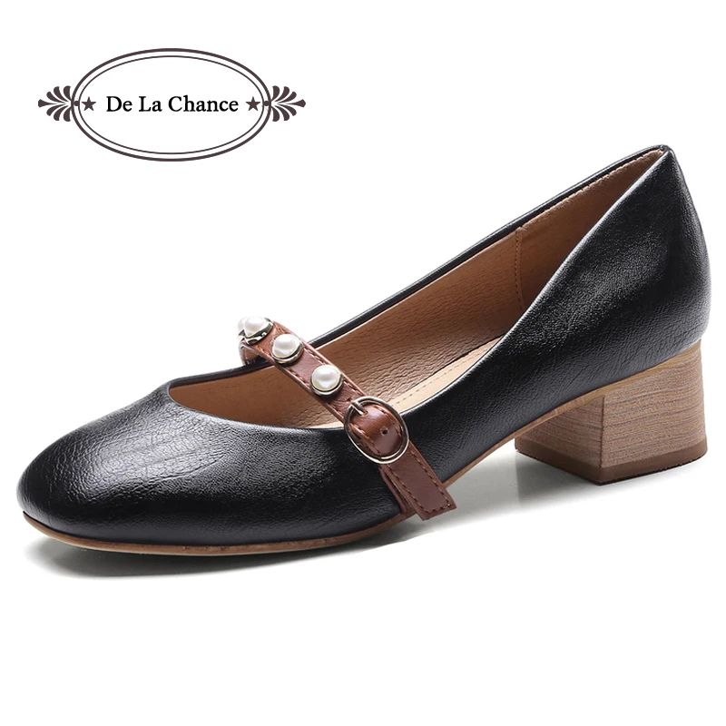 

Mary Jane Women Pumps Fashion Shoes for Woman Elegant Party Heels Med Heel Designer Pearl Ladies Dresses Shoes Beige Black