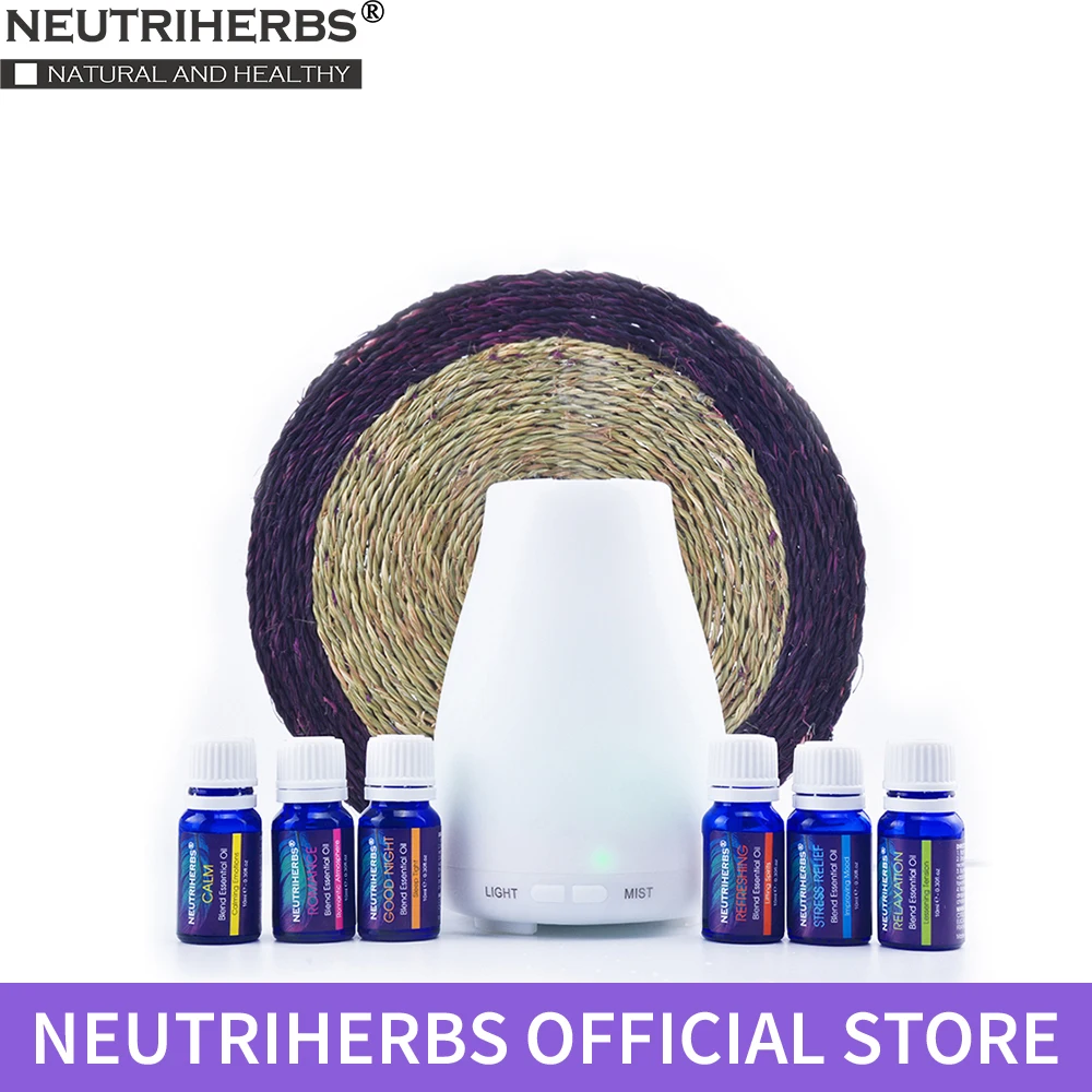 

100ml Aroma Essential Oil Diffuser Set with 6 Compound Essential Oils Wood Grain Ultrasonic Air Humidifier Aromatherapy Lamp
