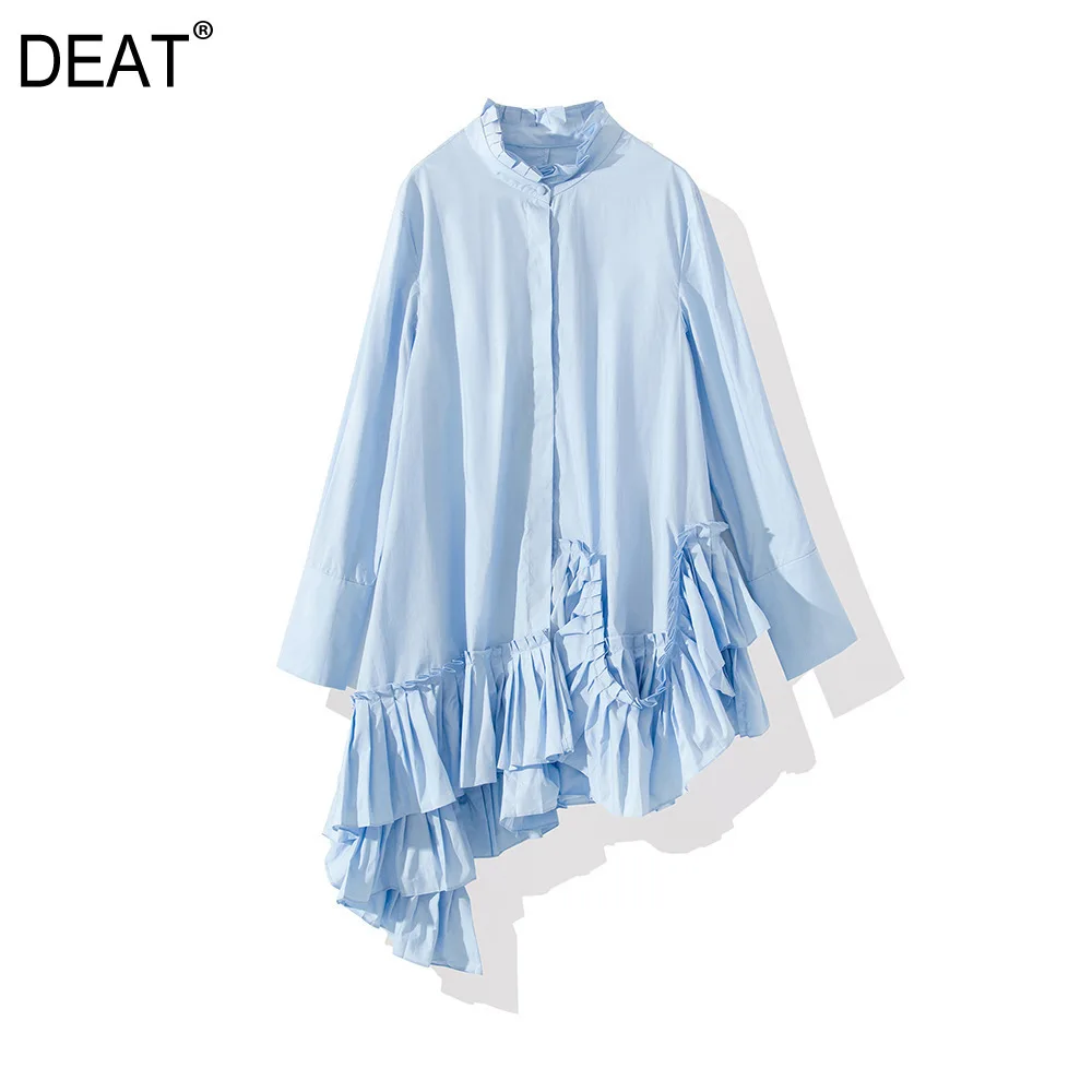 [DEAT] Высокое качество, весна, новая модная плиссированная хлопковая рубашка с асимметричным подолом и длинным рукавом и стоячим воротником, женская блузка YC985
