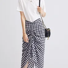 Новые летние Для женщин Нерегулярные со стрелками-эффект в клеточку клетчатая юбка-дамы Повседневное Высокая Талия Plaid Slim-fit юбка миди