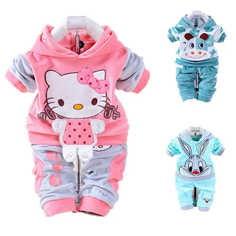 

2017 New Spring Autumn Baby Boys Clothes Girls Cartoon Animal Velvet Set Long Sleeve Hoodies Pullover and Trousers Toddler Suit