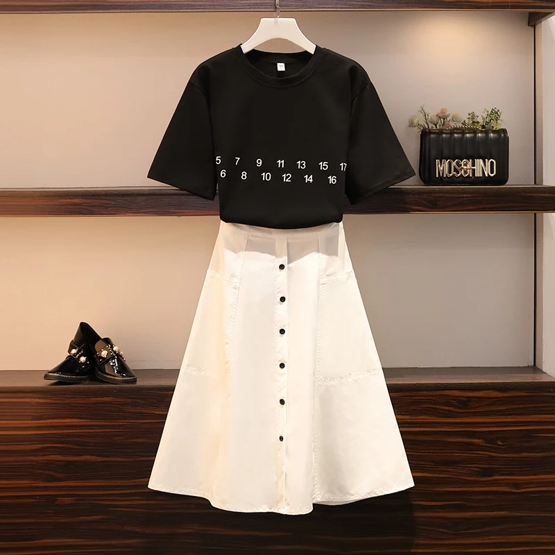 

Aihuyigui 2019 summer o neck black numeral pattern T shirt top suit set + Single-Breasted Pocket loose a line skirt SE209