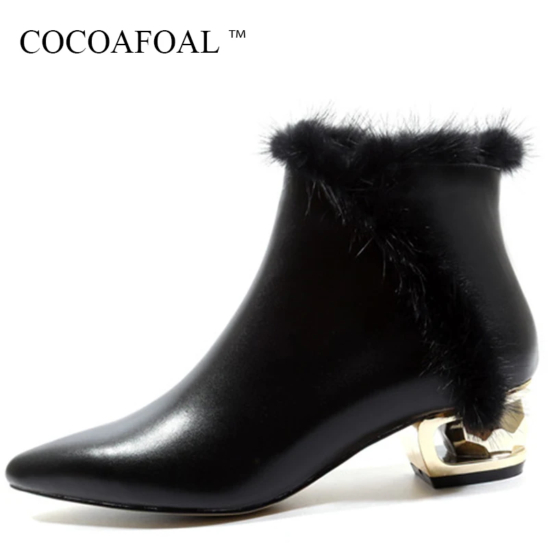 

COCOAFOAL Woman Crystal Heel Chelsea Ankle Boots Winter Genuine Leather Zipper Martin Boots Fashion Black Pink High Heeled Shoes
