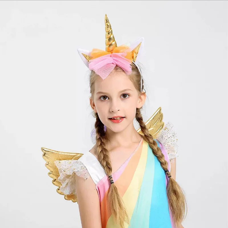 Рождественский костюм единорога с повязкой на голову, золотые крылья для детей, Радужное платье-пачка с пони, Детская тематическая вечеринка Хэллоуин, платье