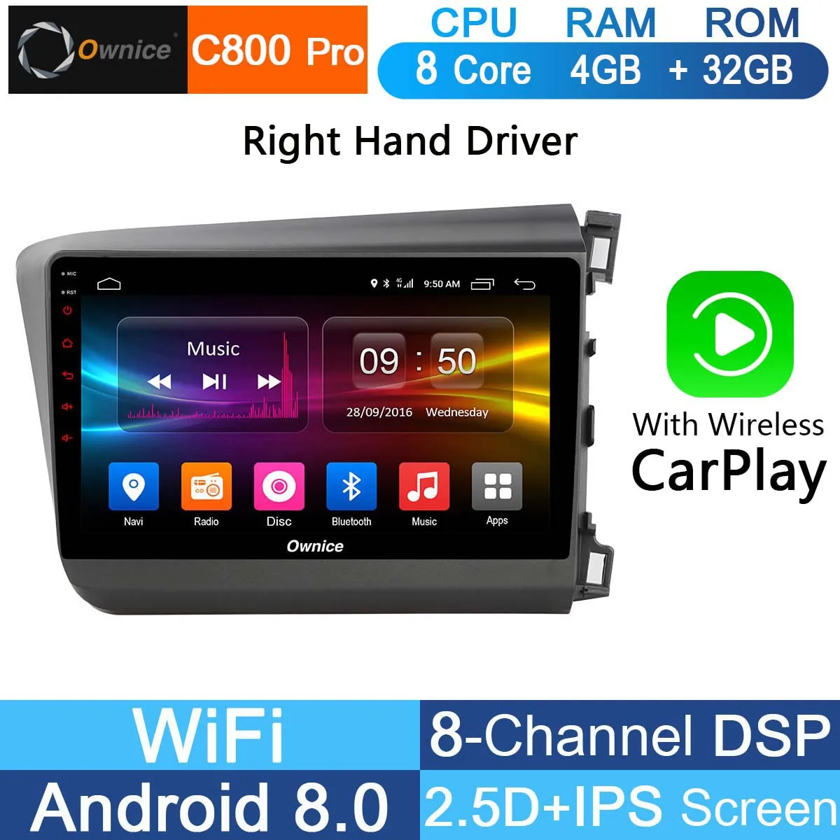 " ips Android 8,1 Octa 8 Восьмиядерный 4 Гб ОЗУ+ 32 Гб ПЗУ автомобильный DVD gps радио плеер для Honda Civic 2011- DSP CarPlay ADAS - Цвет: C800 Pro RHD