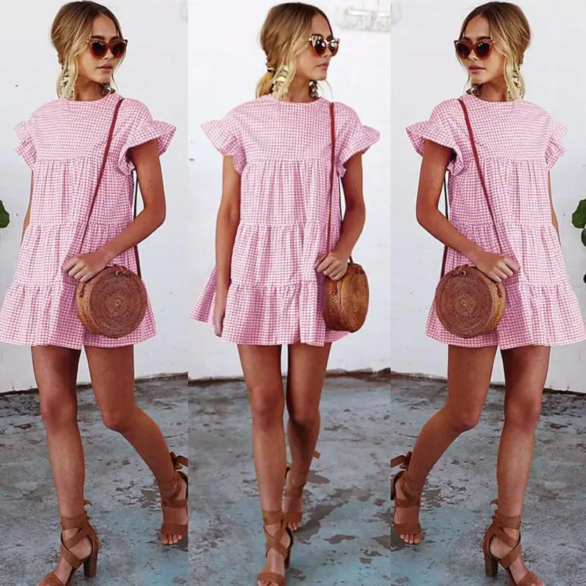 

KANCOOLD dress new high quality fashion Ladies Plaid Printing Round Neck Short Sleeve Dress Mini dress women feb8