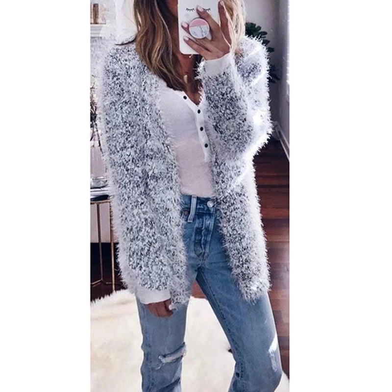

2018 Autumn Winter Women Long Sleeve Knitted Cardigan Sweater Women Warm Plush Fluffy Pull Femme Sweater Coat WS9697V