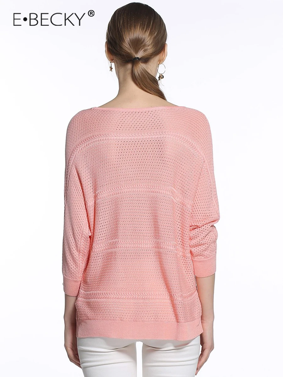 E.BECKY Pink Three Quarter Sleeve Shirt Women Solid Hollow Pullover Summer Spring Mint Color Mesh Top Long Sleeve Women Clothes