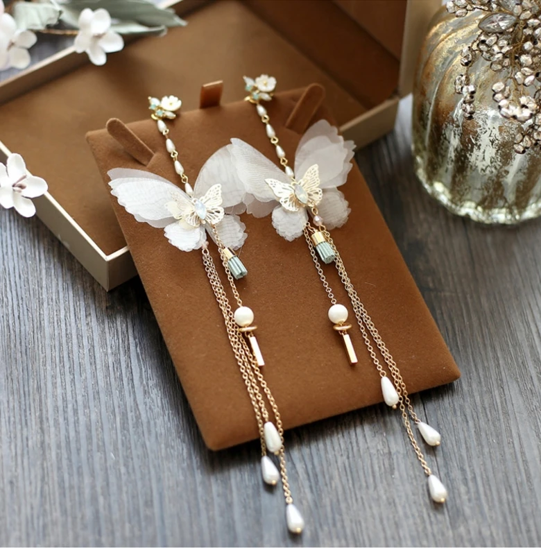 

Super fairy butterfly female lo ng tassel earrings bride wedding earrings wedding dress rhinestones without pierced ear clips