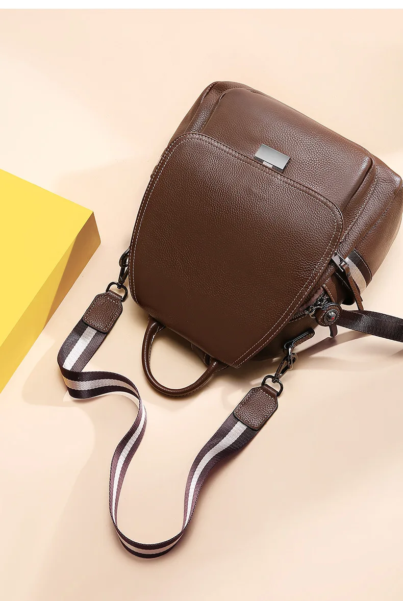 FoxTail& Lily Korean Style Women Soft Genuine Leather Backpack Elegant Ladies Wide Strap Shoulder Bag Casual Travel Backpacks