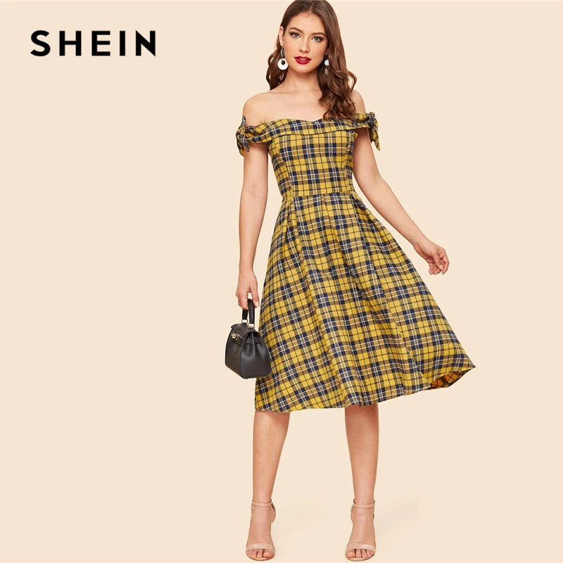

SHEIN Vintage Multicolor Bow Detail Plaid Foldover Bardot Off the Shoulder Fit and Flare Dress Women Elegant A Line Dresses