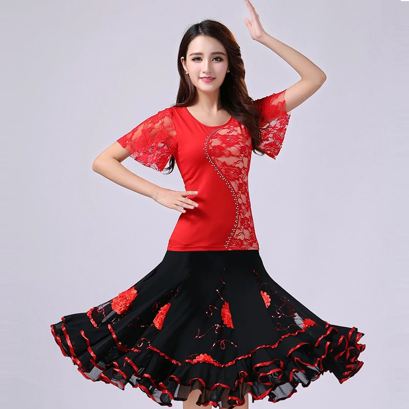 Квадратная кожа (кружевные Топы + юбка с цветами) 2 шт./компл. танцевальный