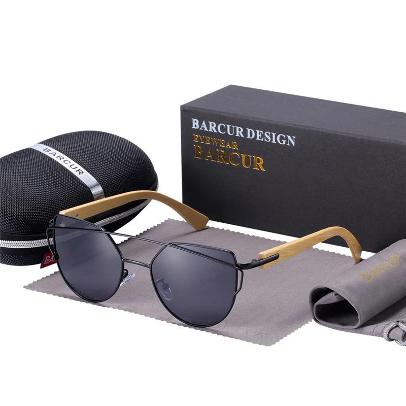 BARCUR Bamboo Cat Eye Sunglasses Polarized Metal Frame Wood Glasses Lady Luxury Fashion Sun Shades With Box Free 20
