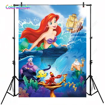 

Fairy Tale World Mermaid Series Photography Background Princess Ariel Singing on the Reef with Fish 5x7ft Sea with Ship Backdrop