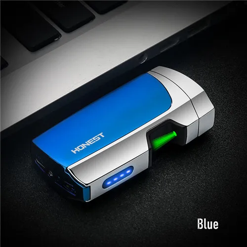 Электронная usb зажигалка с лазерным зажиганием, сенсорная плазменная двойная дуговая зажигалка, перезаряжаемая ветрозащитная металлическая зажигалка, мужские гаджеты - Цвет: BLUE