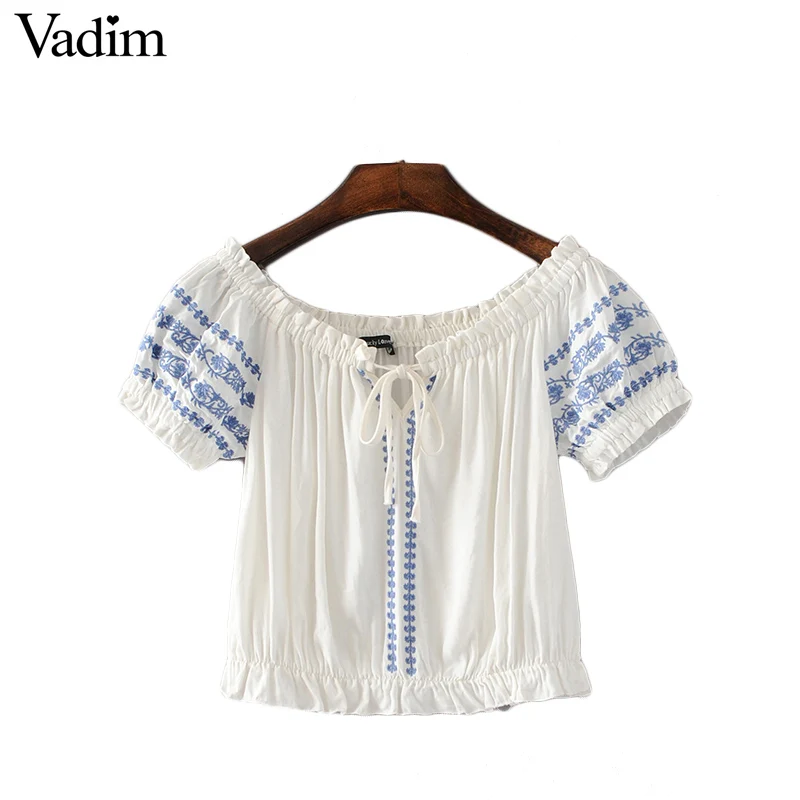 Women sweet flower embroidery crop top shirts bow tie