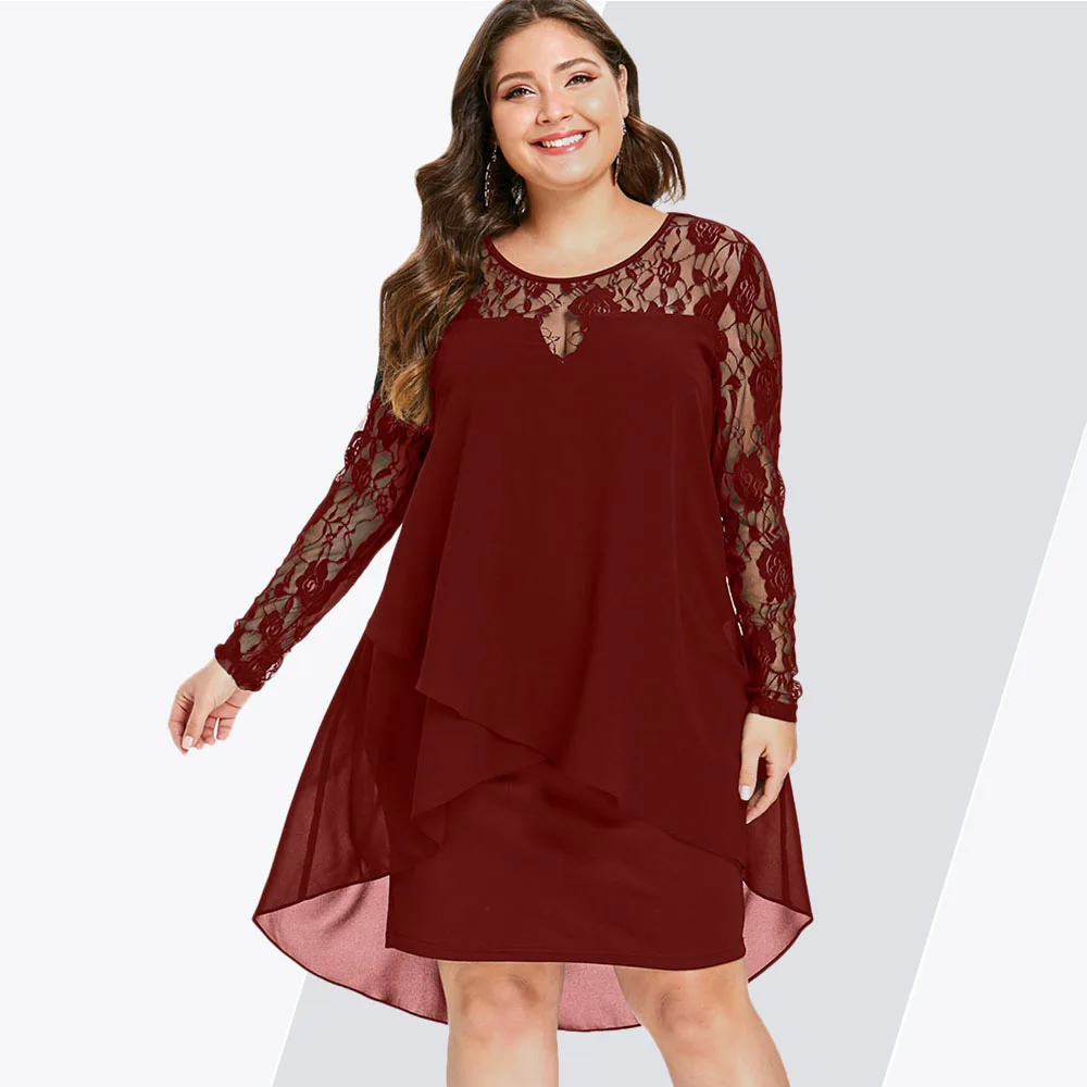 

Rosegal Women Dress Plus Size Sheer Lace Sleeve High Low Hem Dress Vestidos Solid O Neck Long Sleeve Dresses Robe Femme 2019 New
