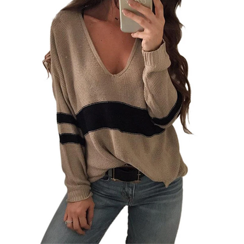 

2018 Autumn Winter Women Striped Sweater Pullover Sexy V Collar Long Sleeve Casual Knitted Sweaters Female Fashion Loose Jumper