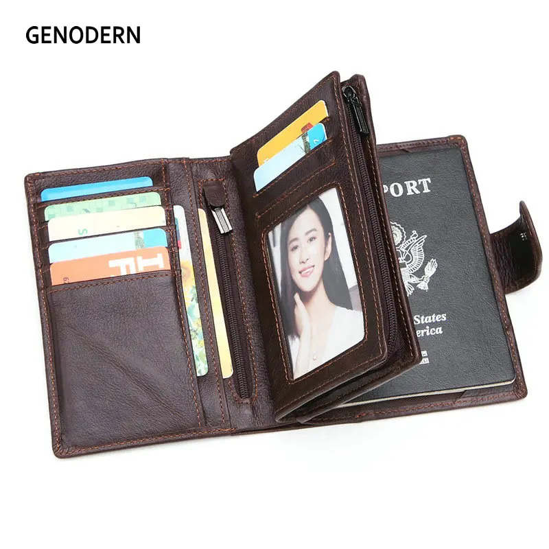 Large Capacity Genuine Leather Men Passport Cover Wallet Credit Card Coin Purse