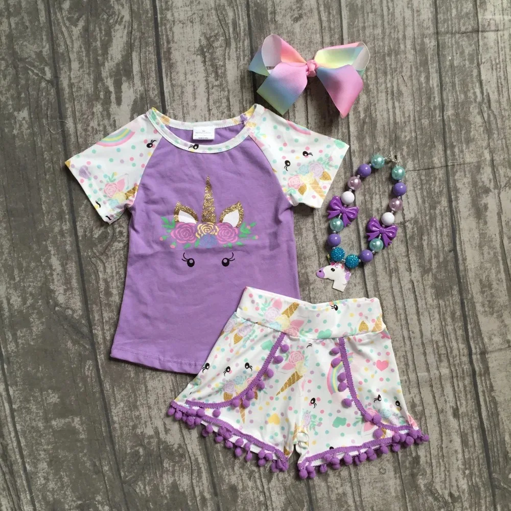 

2018 new arrival lavender unicorn short sleeves baby girls Summer boutique clothing pom-pom shorts with matching accessories