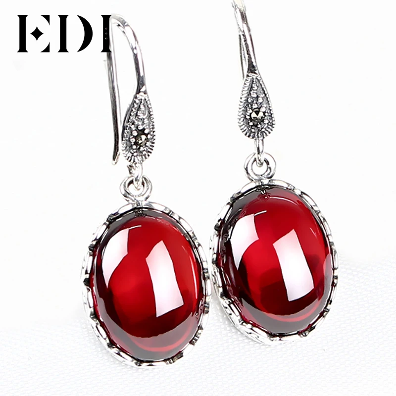 

EDI Fashion Vintage 925 Sterling Silver Red Garnet Boho Chalcedony Earrings Antiallergic Indian Fine Jewelry For Women