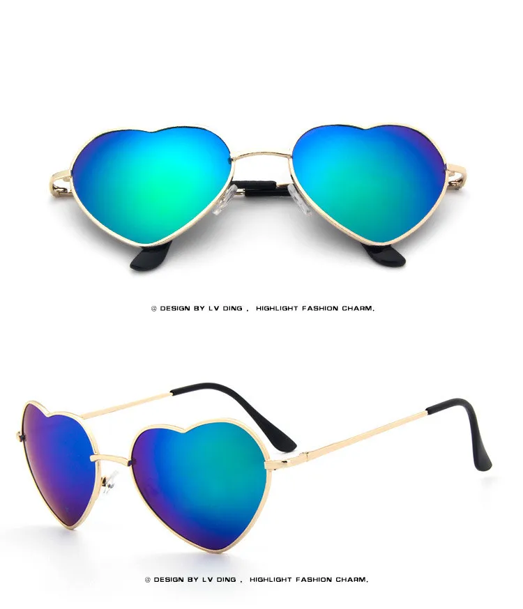 Женские металлические разноцветные солнцезащитные очки с металлической оправой, фирменное дизайнерское покрытие, модные солнцезащитные очки, солнечные очки в форме сердца