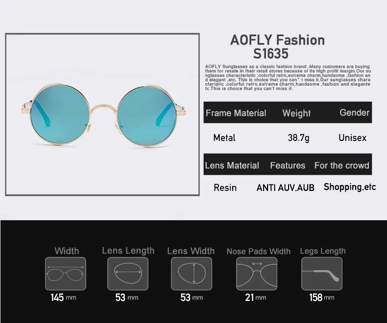 AOFLY Стильные женские и мужские солнцезащитные очки унисекс, в стиле панк, в круглой форме и необычном дизайне, в металлической оправе и зеркальным покрытием линз, защита от УФ лучей