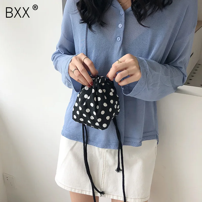 

[BXX] 2020 New Pattern Korean Fasion Polka Dot Canvas Drawstring Packet Concise Casual Small Bucket Handbag Woman Bag DA284
