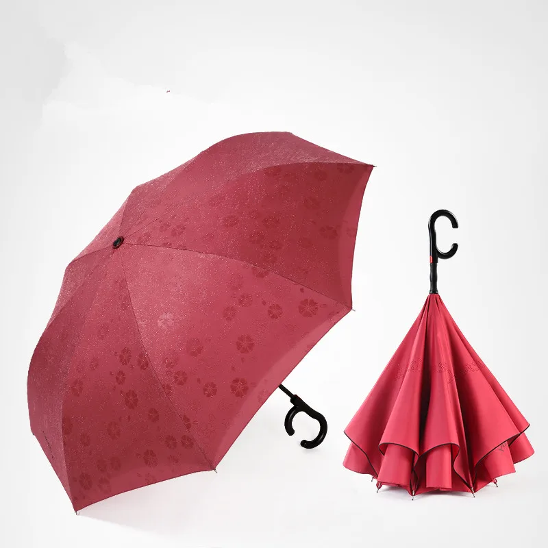 

115cm 2-3persons auto open C-Hook Enlarge double layers Reverse hands-free umbrella Inverted water flower magic standing parasol